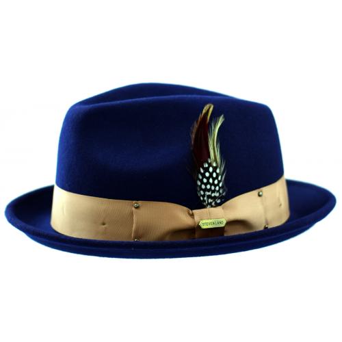 Steven Land Navy Blue / Camel Banded Stingy Brim Wool Fedora Hat SLAY-451